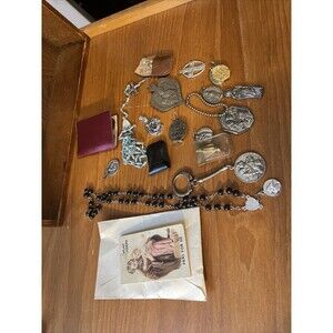 ASSORTED VINTAGE CHRISTIAN MEDALLIONS, CROSSES  KEY CHAINS BROCHURES ESTATE